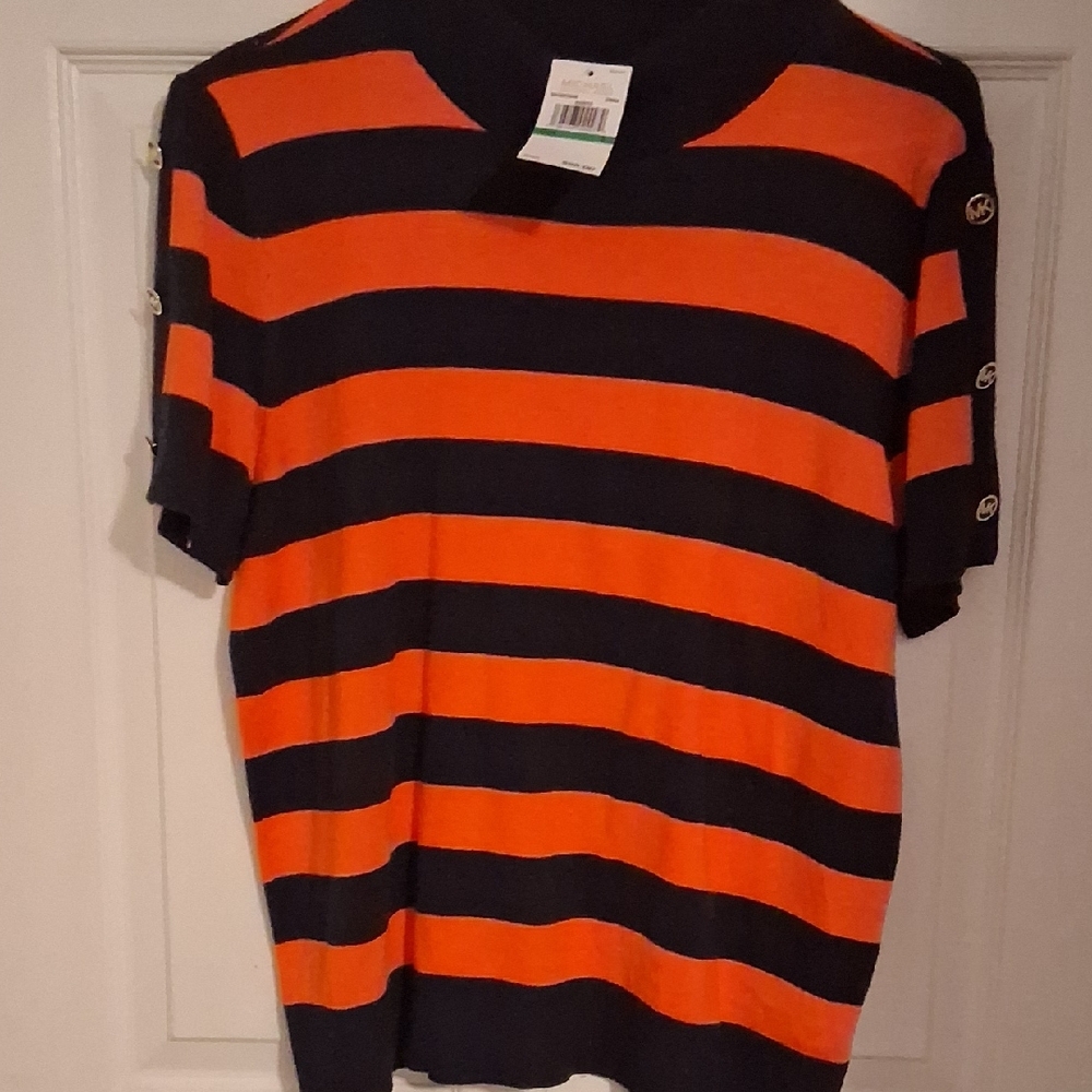 Michael Kors Orange & NAVY Short Sleeve Top W Mk Buttons On Sleeves